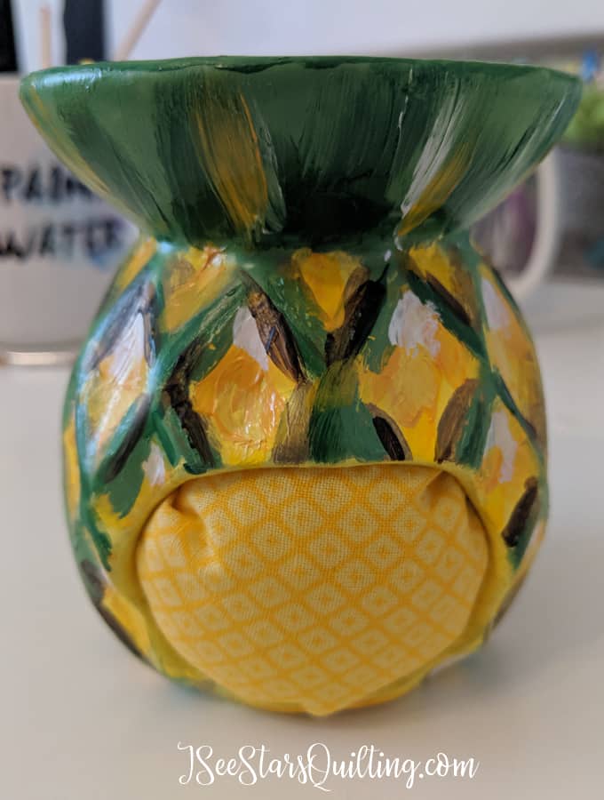 DIY Pineapple Pin Cushion from the Dollar store! - How cute is this little reminder to stand tall, wear a crown and be sweet on the inside?! #Pineapple #Pincushion #DIY #sewing #quilting
