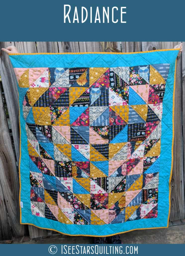 This is the Radiance Quilt Pattern by ISeeStarsQuilting! Its a fun and easy beginner quilt pattern that comes together quickly.