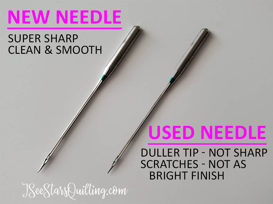 comparison side by side of a brand new sewing machine needle and a used sewing machine needle